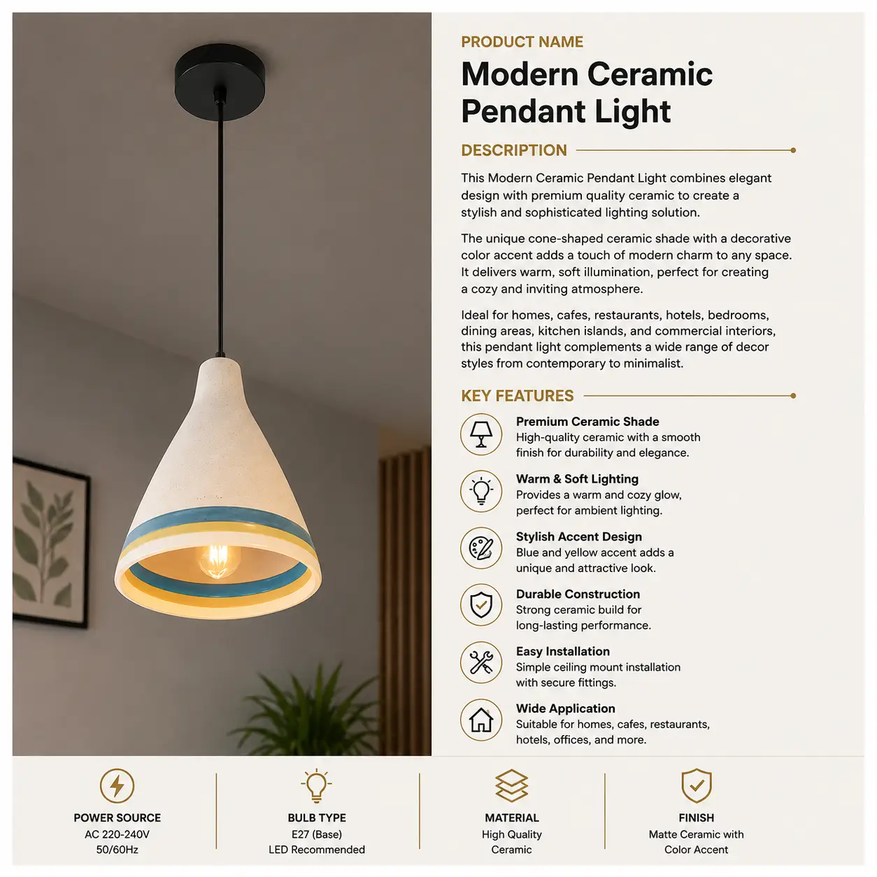 Designer Ceramic Cone Pendant Light - Image 2