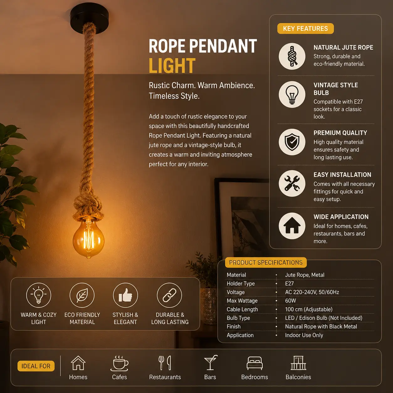 Rustic Rope Pendant Hanging Light - Image 2